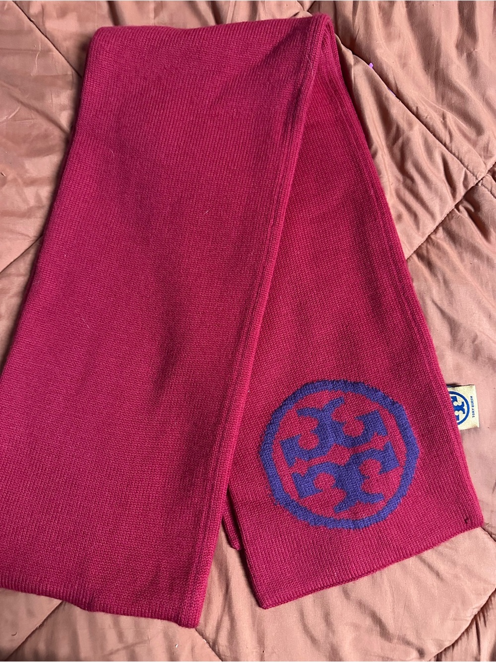 Tory Burch Pink Knit Scarf with Blue Logo Tag